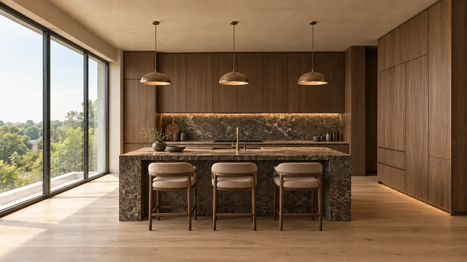 Bespoke kitchen design with dark marble island, walnut cabinetry and pendant lights, visualisation