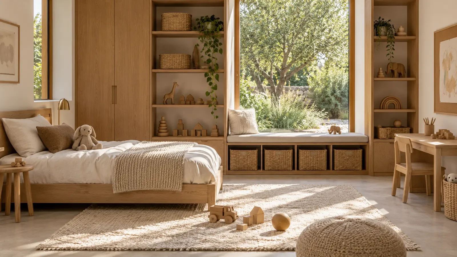 Calm children's room in natural materials, design concept