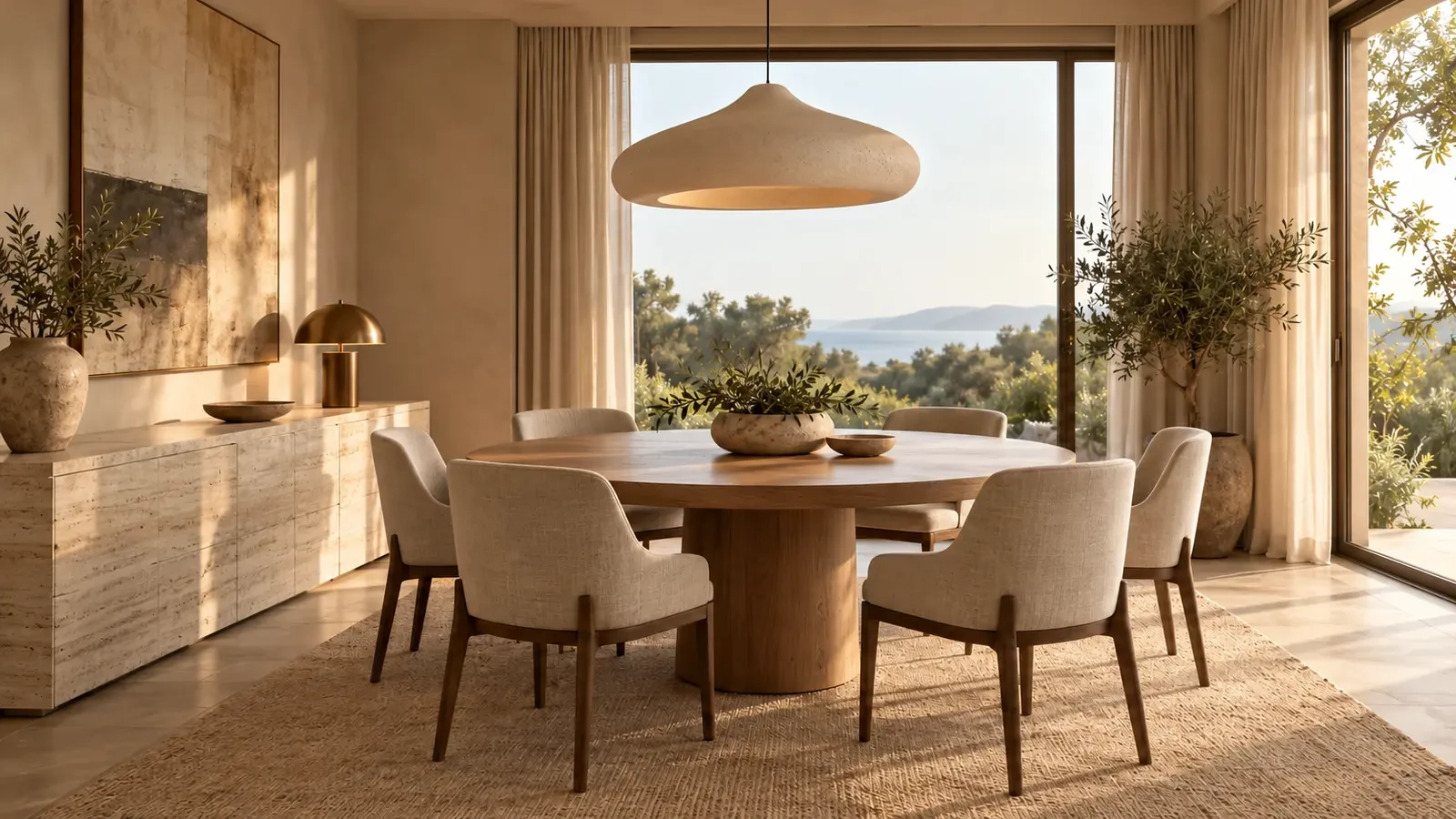 Dining room with round table and sculptural pendant light, design concept