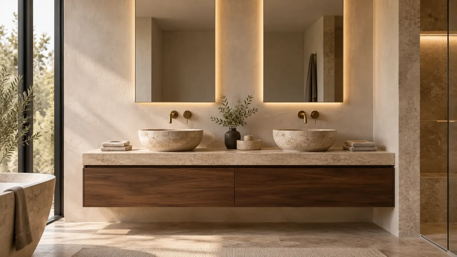 Double vanity with stone basins and backlit mirrors, bathroom design visualisation