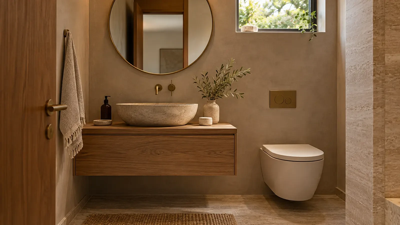 Compact guest bathroom in microcement and oak in a renovated apartment, visualisation