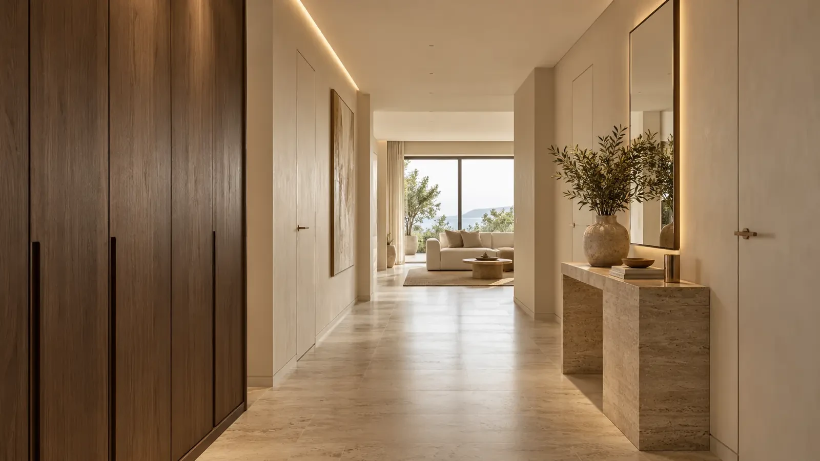 Hallway with flush concealed doors and built-in wardrobe after renovation, visualisation