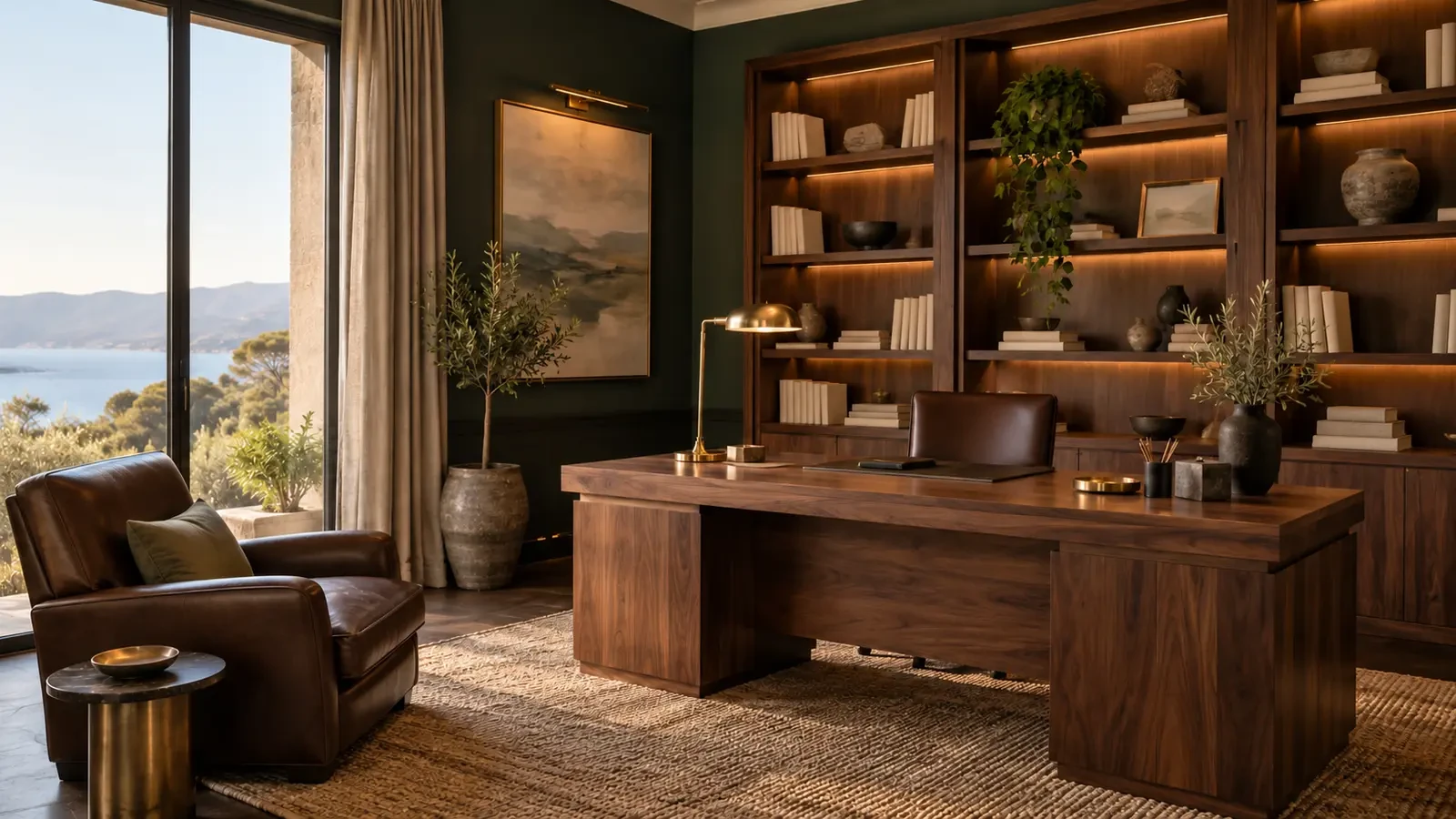 Home library and study with green walls and leather armchair, design concept