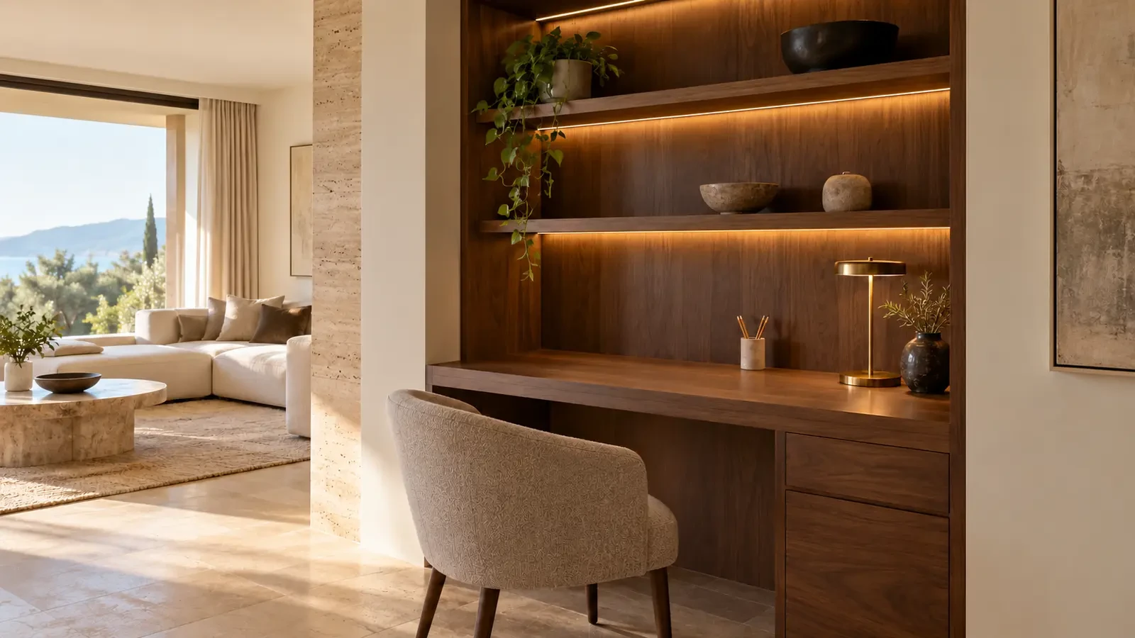 Home office nook with built-in desk and shelving in an apartment, visualisation