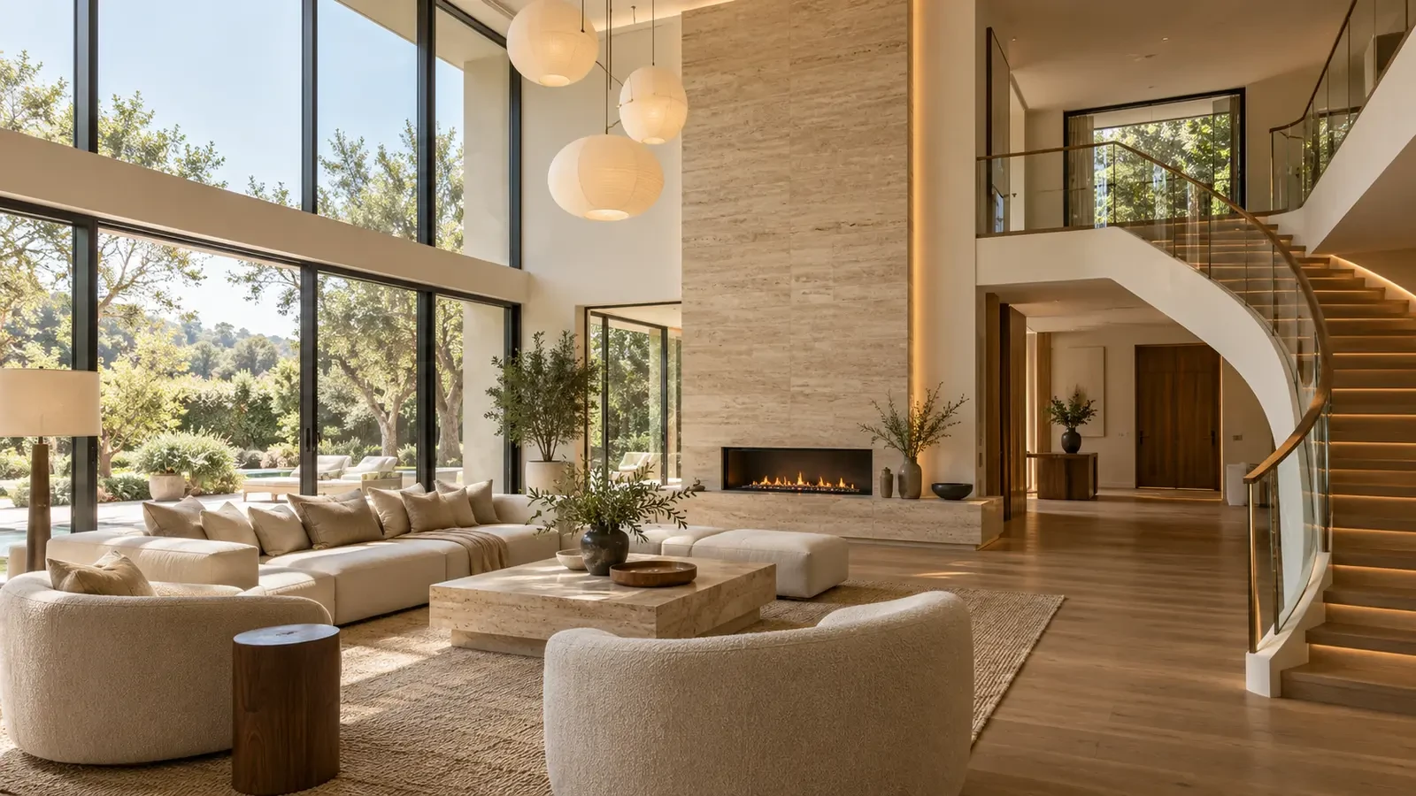 Private house interior with double-height living room and staircase, visualisation