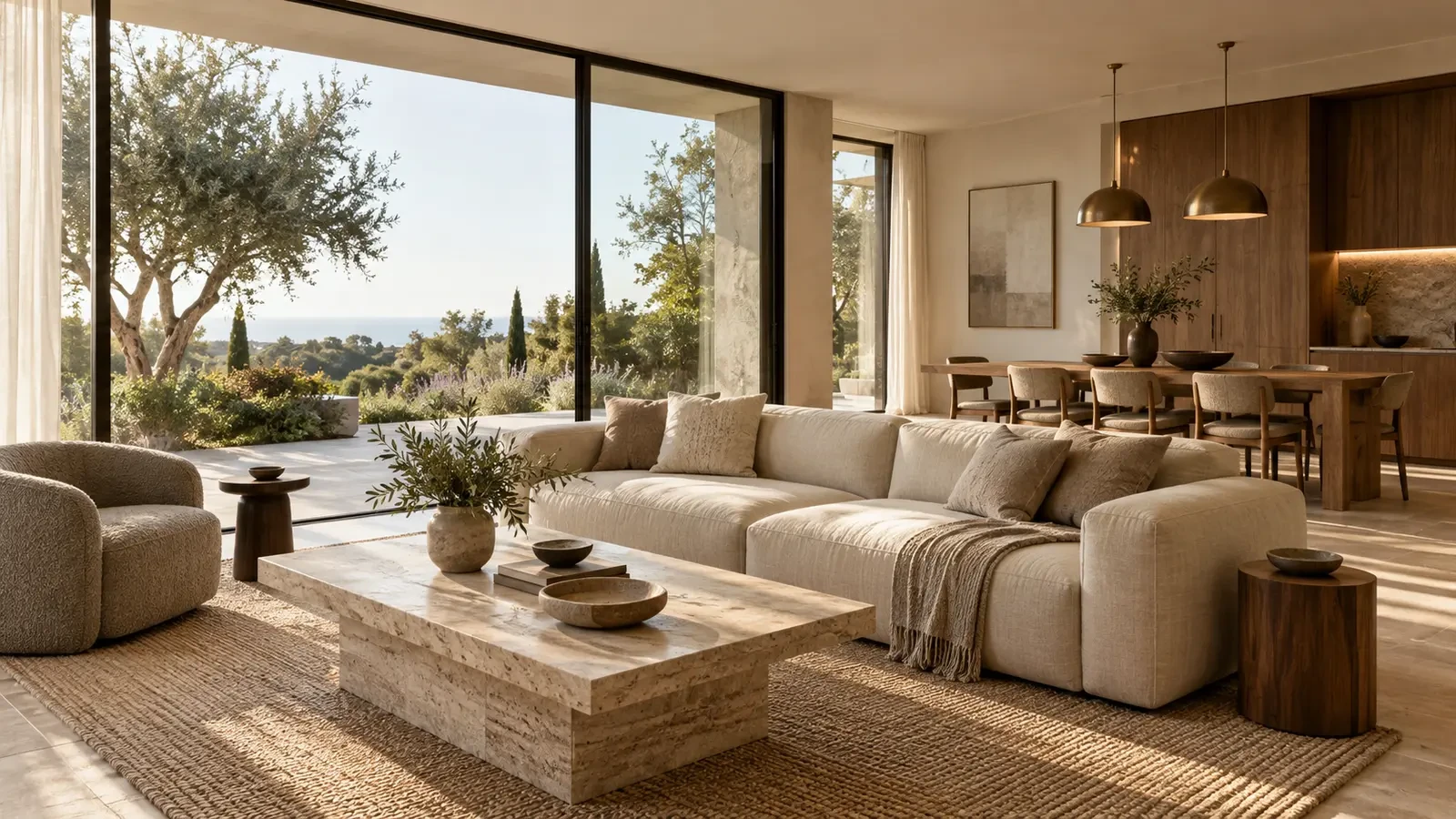 Interior design of an elegant living and dining room in warm natural materials, visualisation