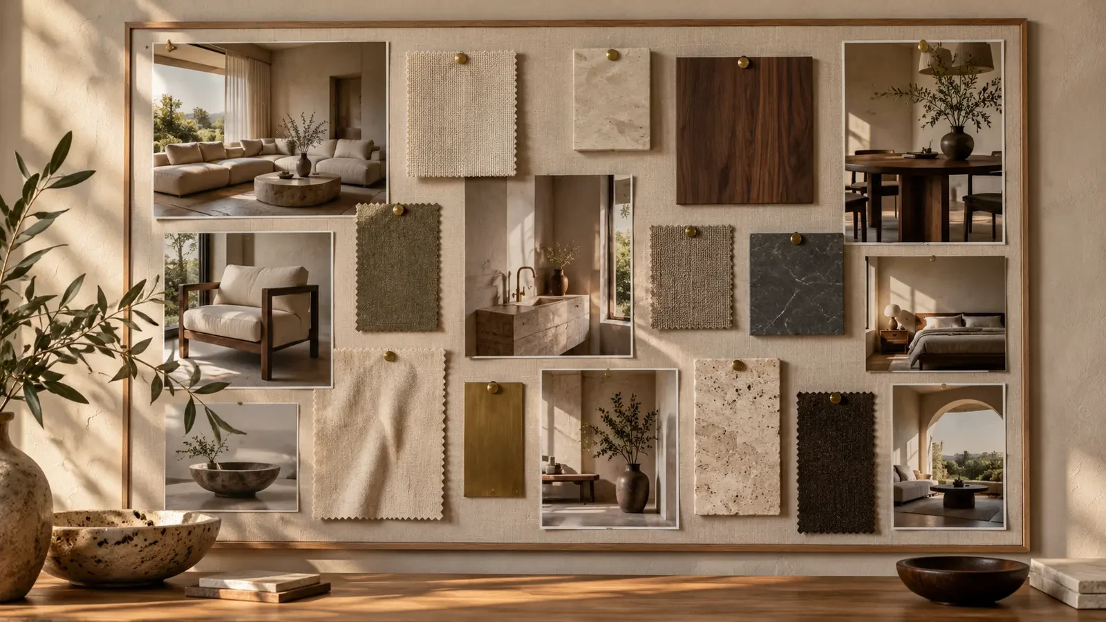 Interior design mood board with fabric swatches and stone samples, visualisation