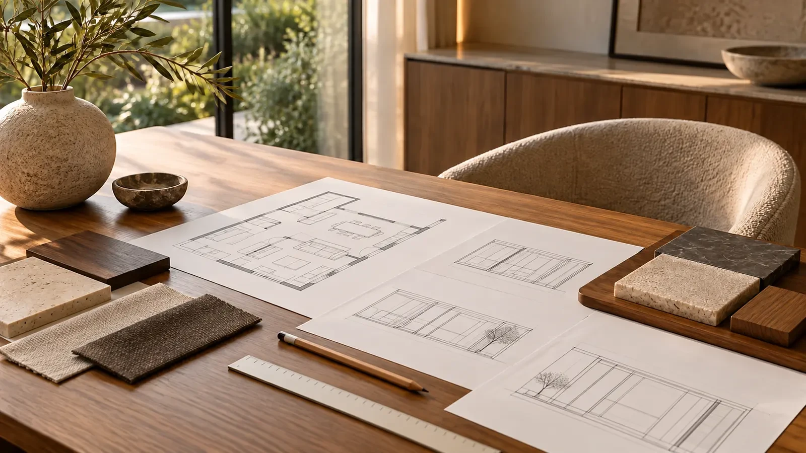Interior designer's desk with floor plans, elevations and material samples, visualisation