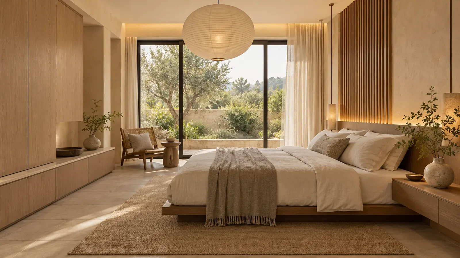 Japandi bedroom interior design with low bed and paper lamp, design concept