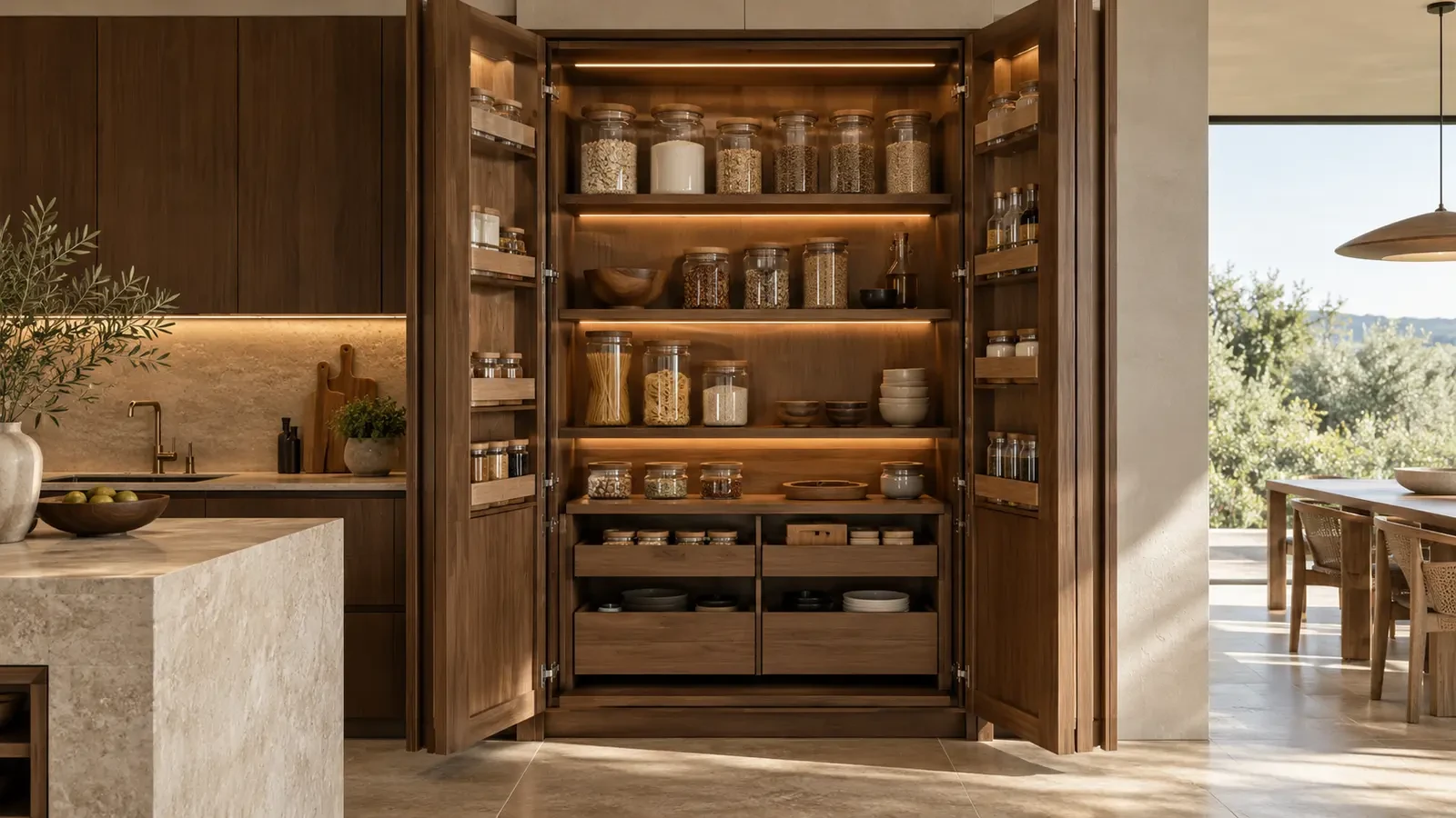 Tall kitchen pantry cabinets with organised interior storage, visualisation