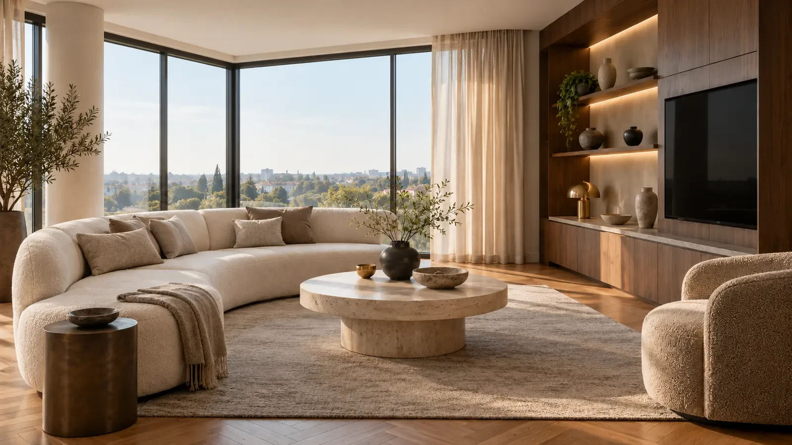 Luxury apartment renovation: living room with corner window, visualisation