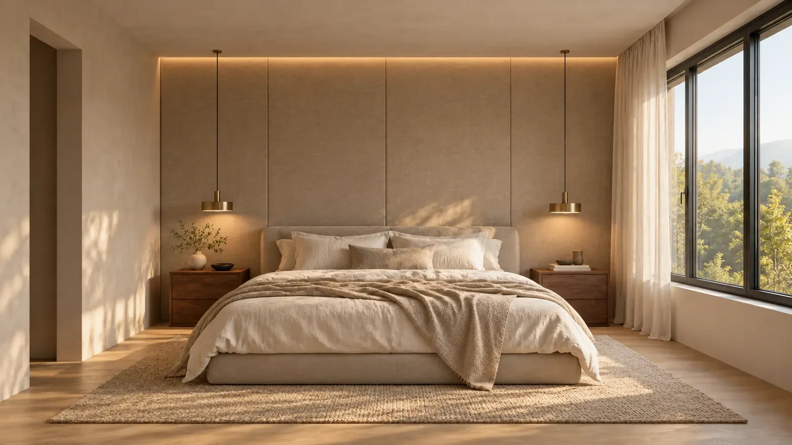 Luxury bedroom interior with upholstered wall panels, linen bedding and pendant lights, visualisation