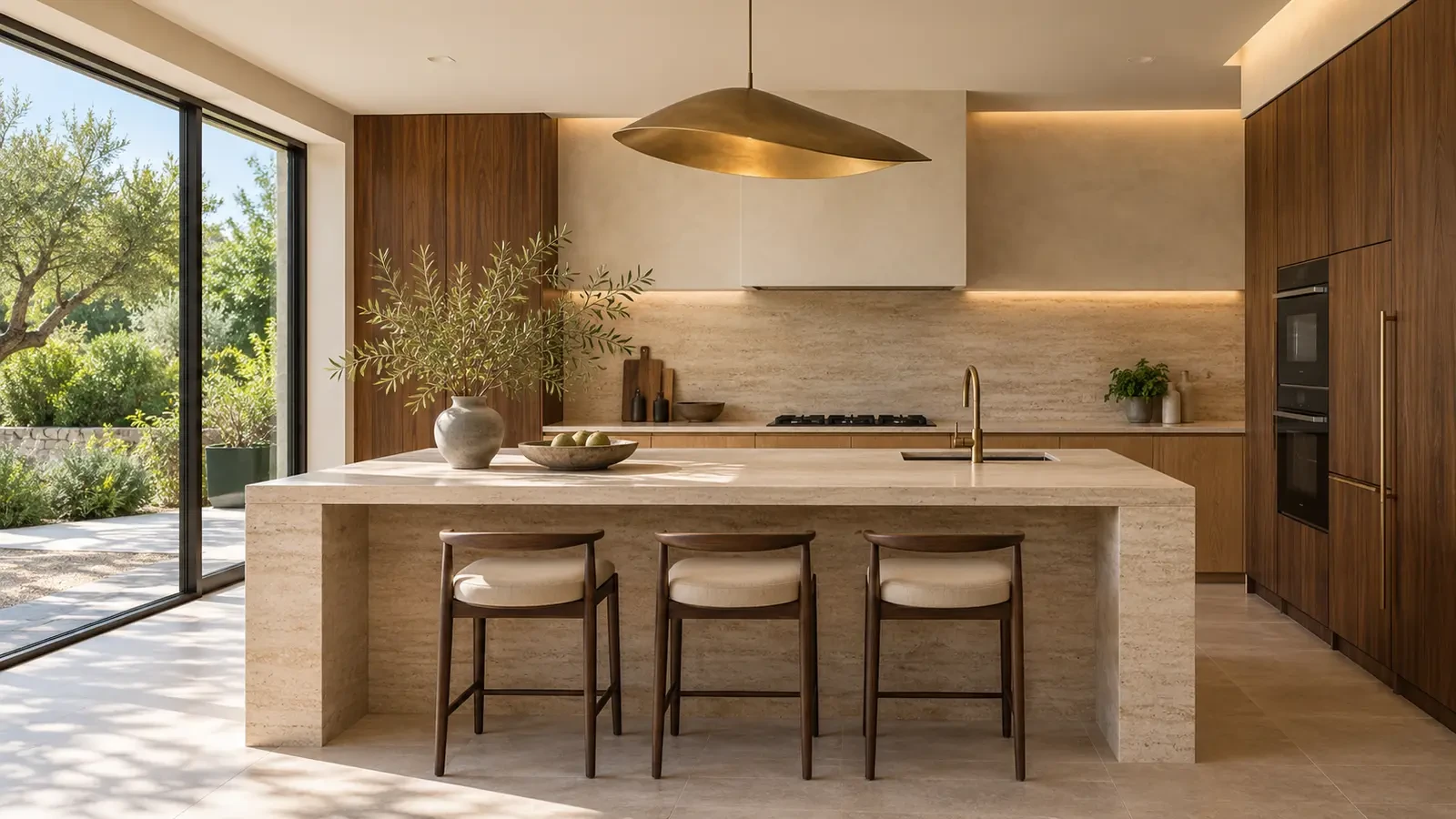 Luxury kitchen design with island and tall cabinetry in daylight, visualisation
