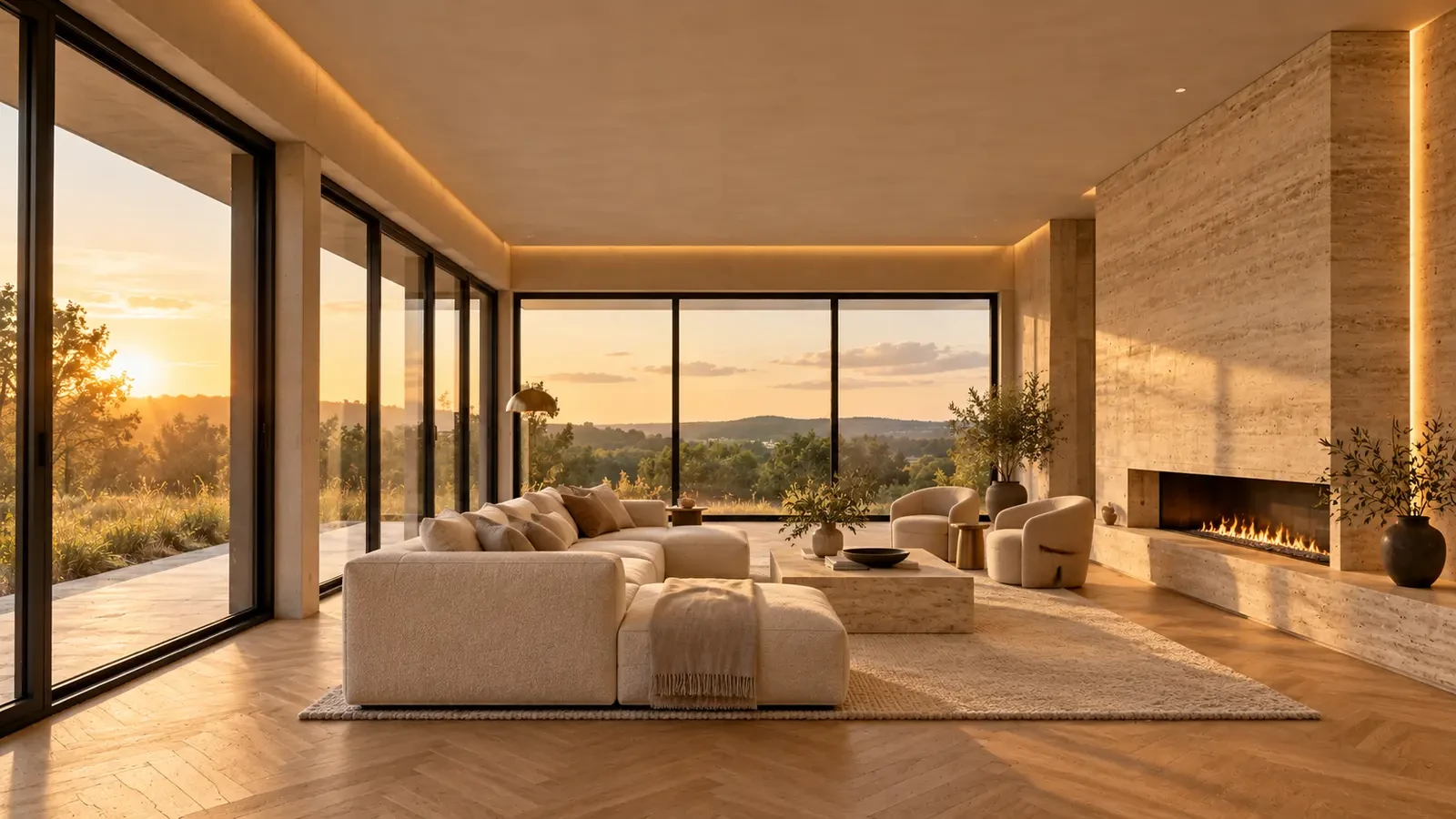 Luxury living room interior design with travertine fireplace wall and bouclé sofa, visualisation