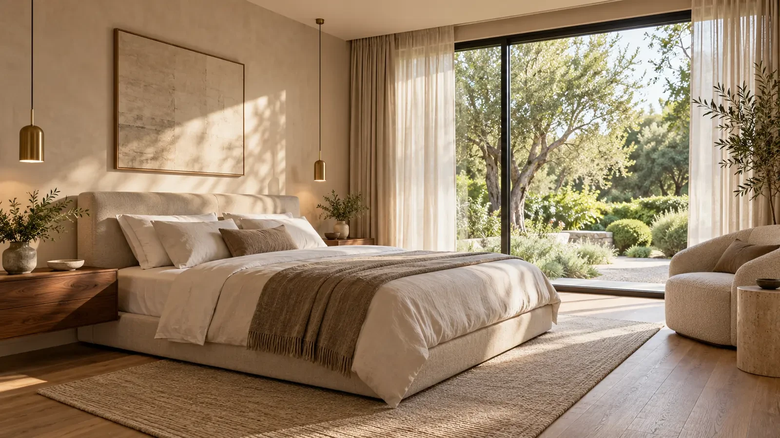 Master bedroom in a private house with garden view, visualisation