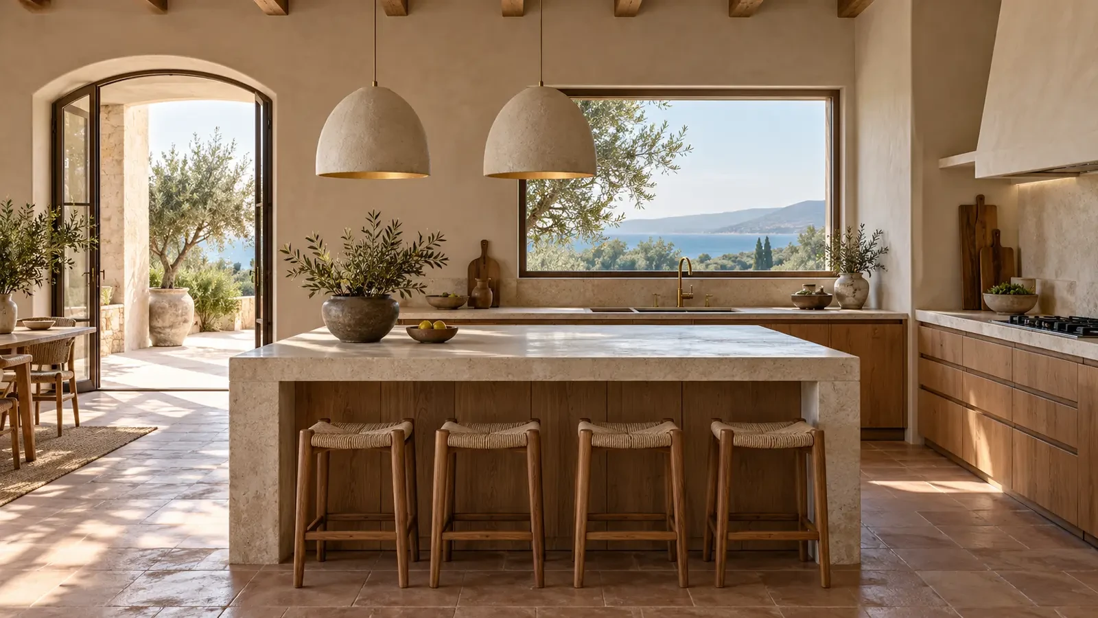 Mediterranean kitchen with lime plaster and terracotta floor, design concept