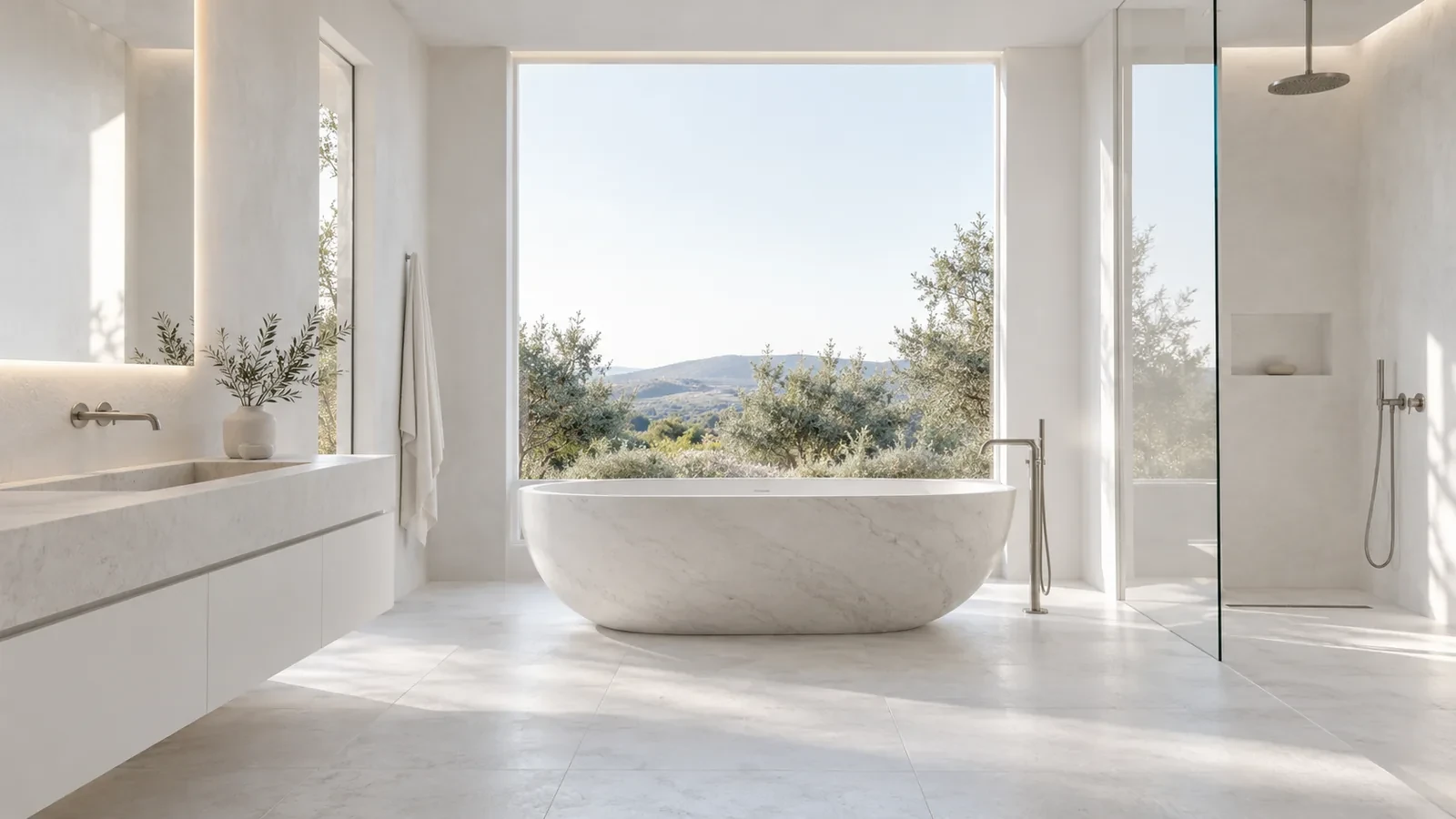 Minimalist white bathroom with stone bath, design concept