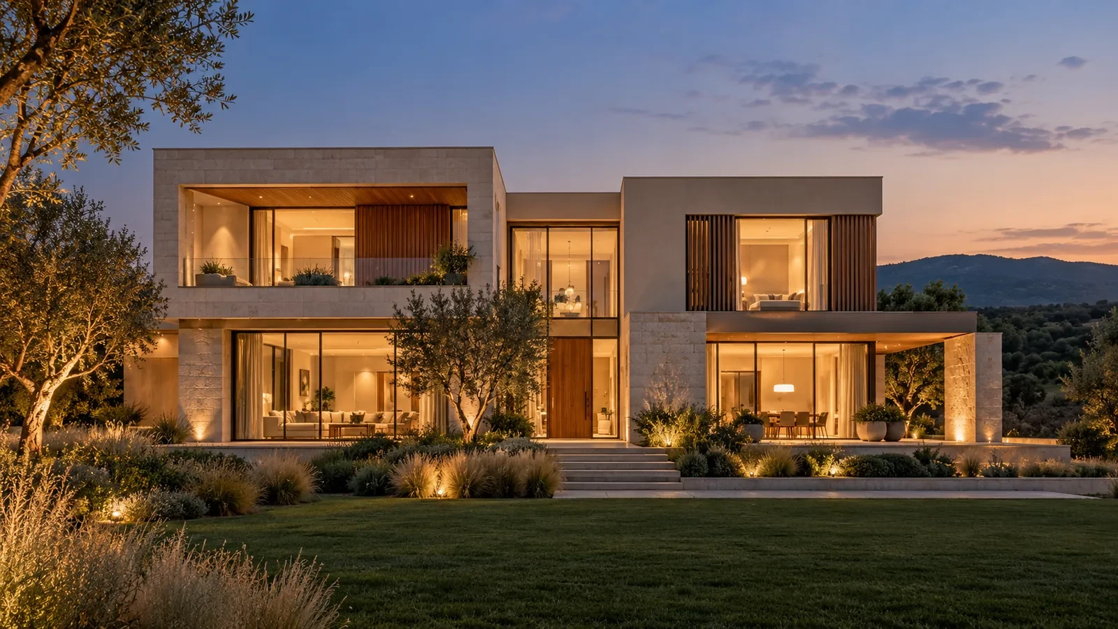 Modern private house at dusk with warm interior lighting, visualisation