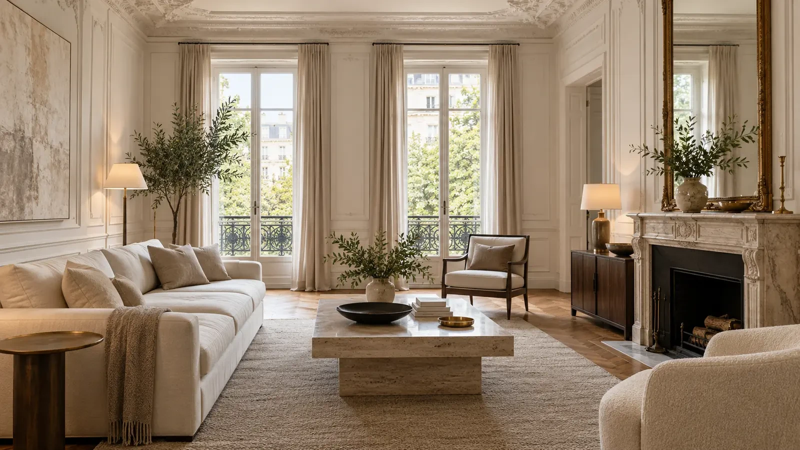 Classic Parisian-style living room with mouldings and herringbone parquet, design concept