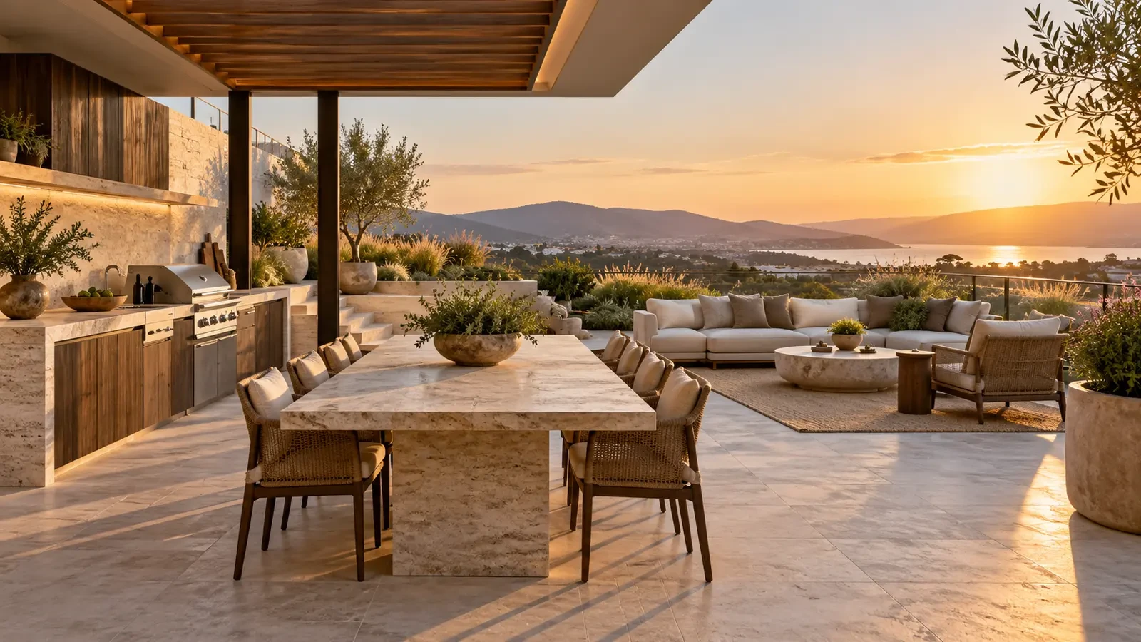 Penthouse terrace with outdoor kitchen and planters, design concept