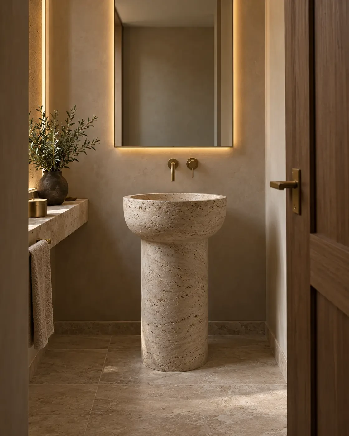 Powder room with sculptural stone basin, design concept