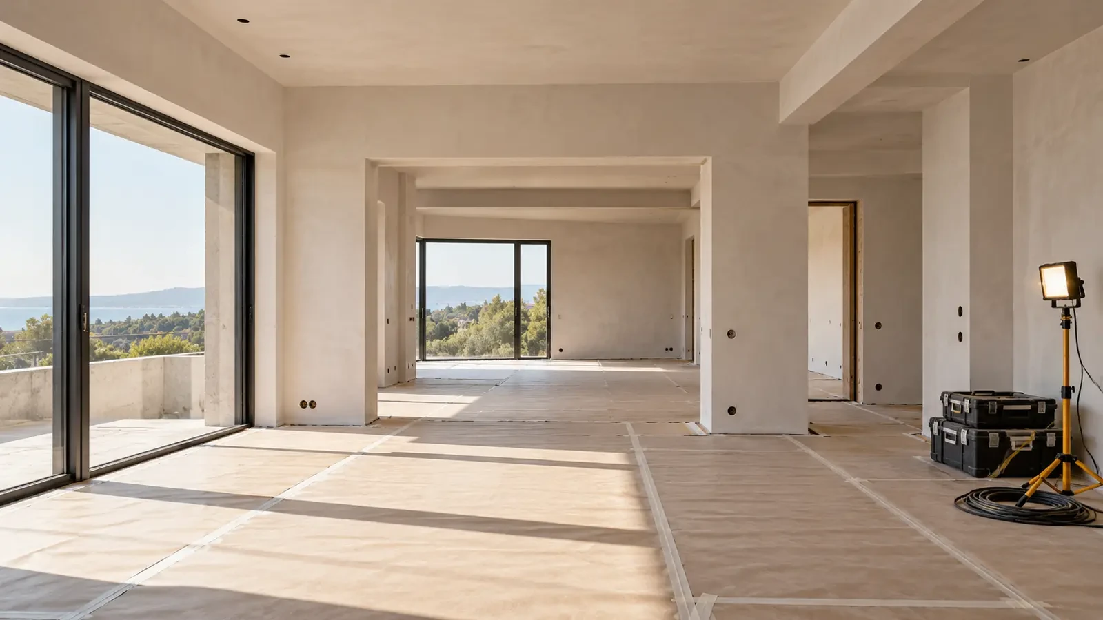 Renovation in progress: plastered walls, protected floor and an organised site, visualisation