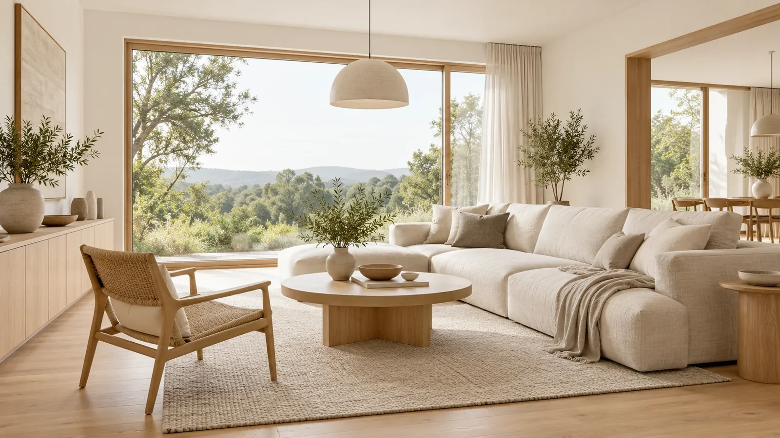 Scandinavian living room interior design in light oak, design concept