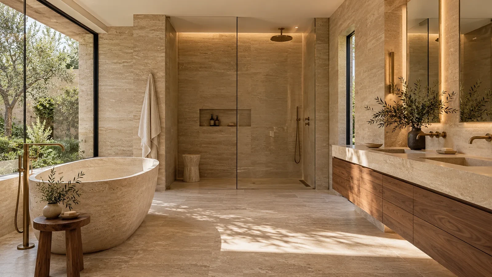 Spa-like master bathroom design in natural stone, visualisation