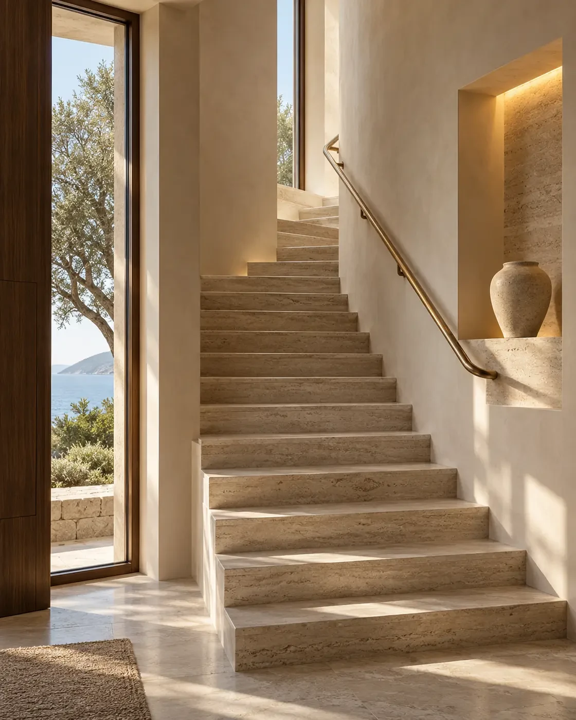 Stone staircase with lit wall niche in a private house, design concept