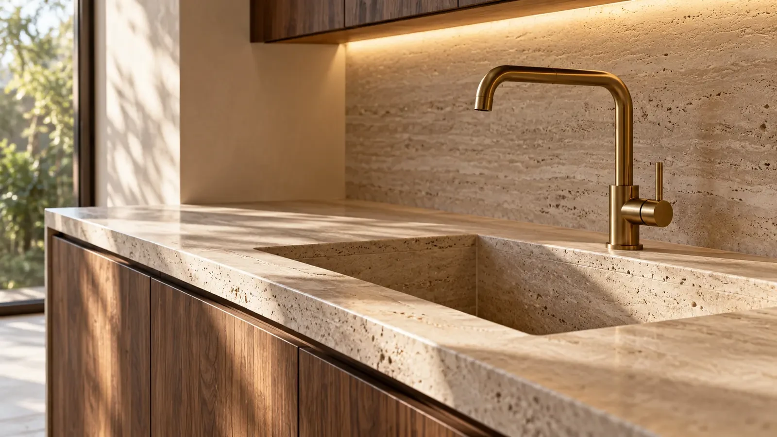 Natural stone kitchen worktop with integrated sink and brass tap, visualisation