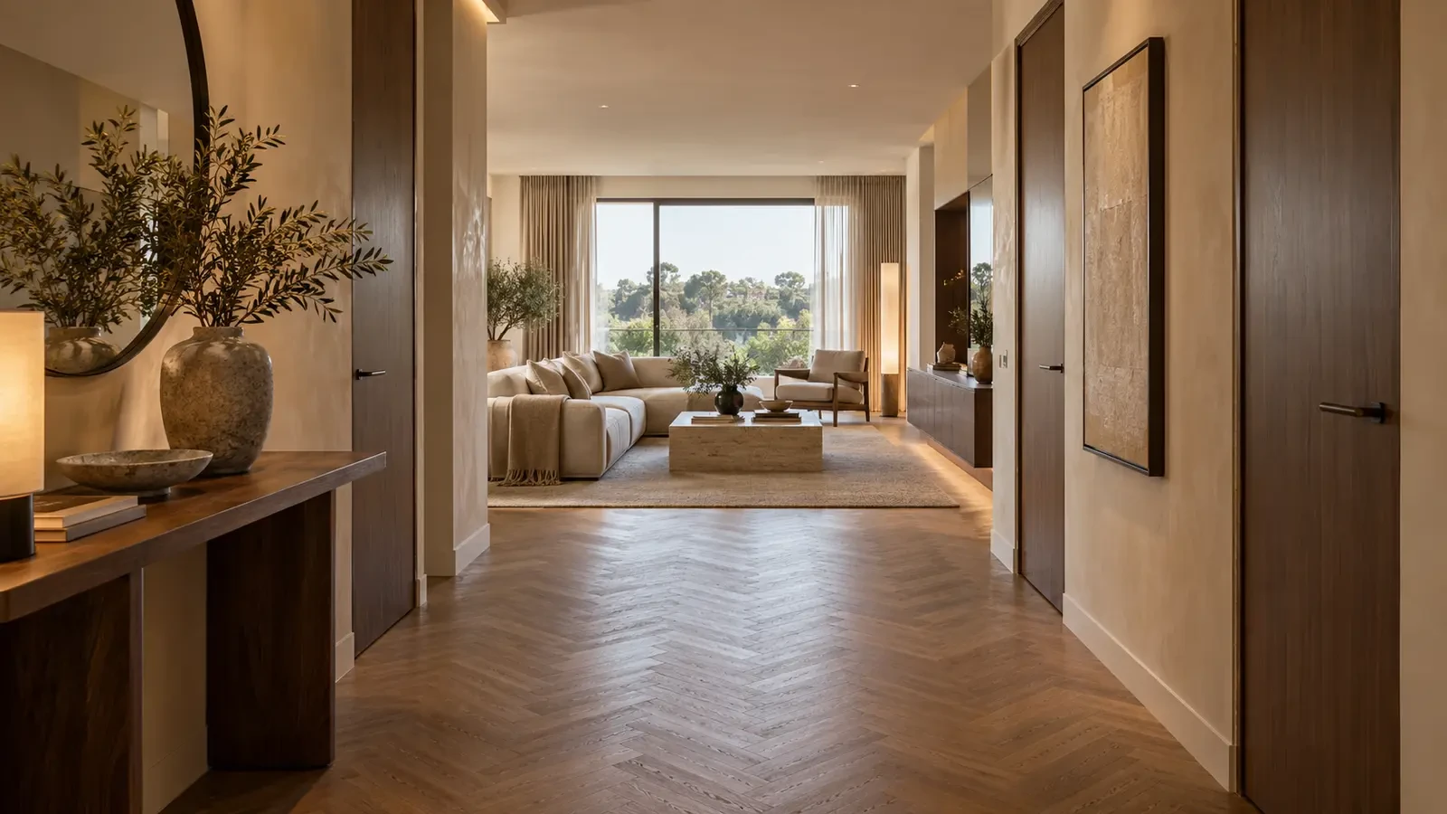 Finished apartment after turnkey renovation, view from the entrance to the living room, visualisation