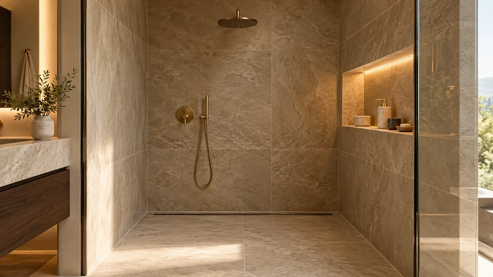 Walk-in shower detail with wall niche, linear drain and large-format tiles, visualisation