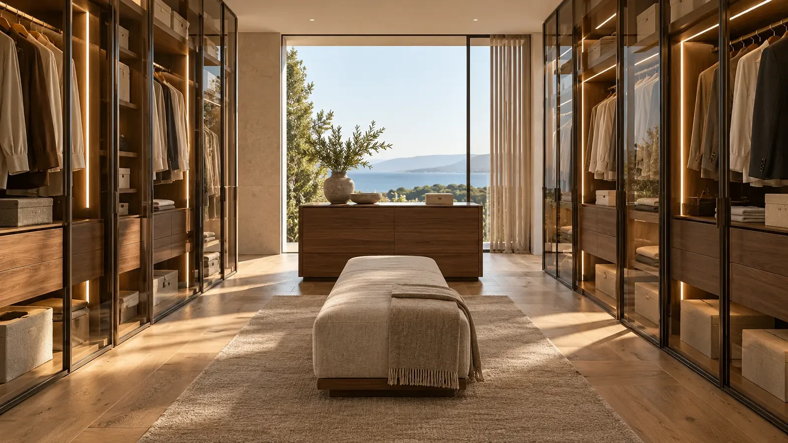Walk-in wardrobe with glass doors and integrated lighting, design concept